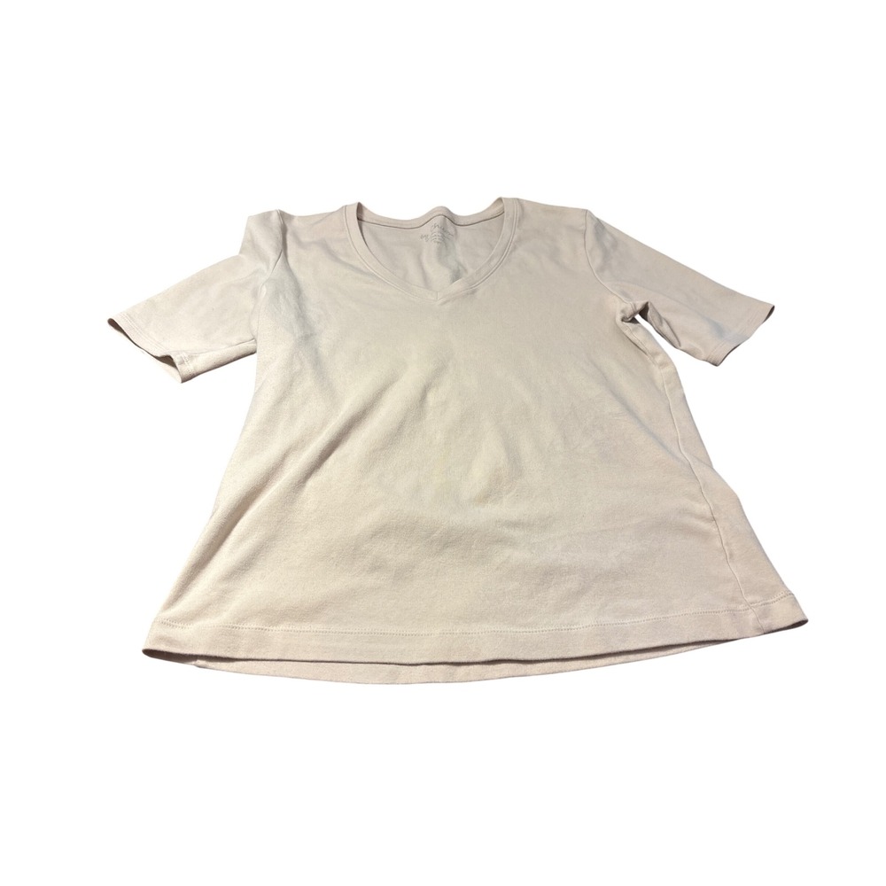Chicos Womens V-Neck Short Sleeve Tee Shirt Cream Beige Cotton Blend Size 0 S